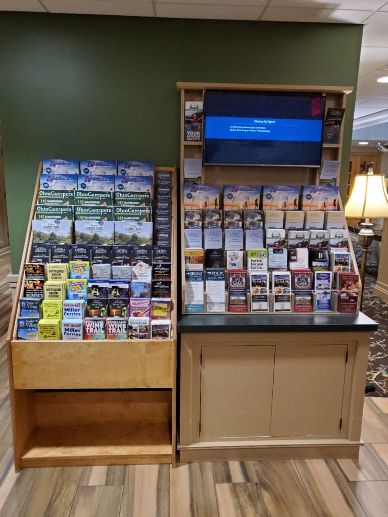 Our brochure rack (left) at The Lodge at Geneva-on-the-Lake